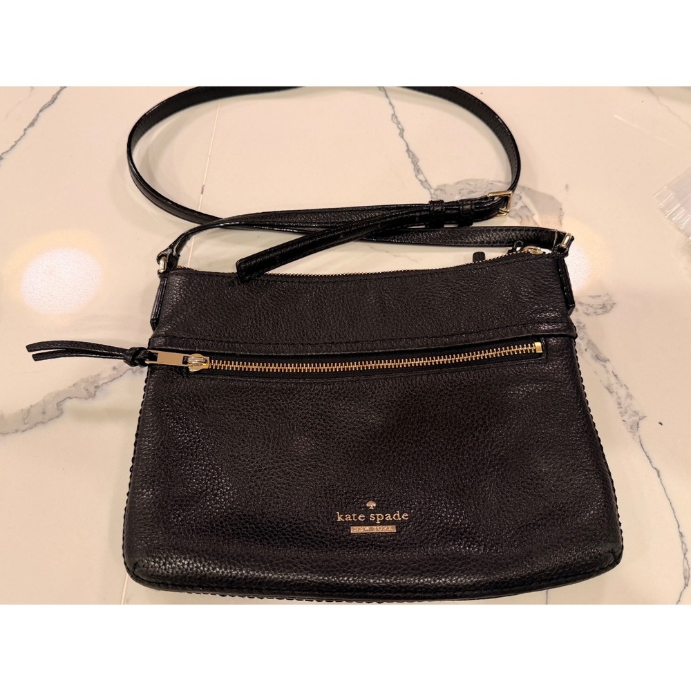Kate Spade Black Pebbled‎ Leather Crossbody Zip Top Striped Lining